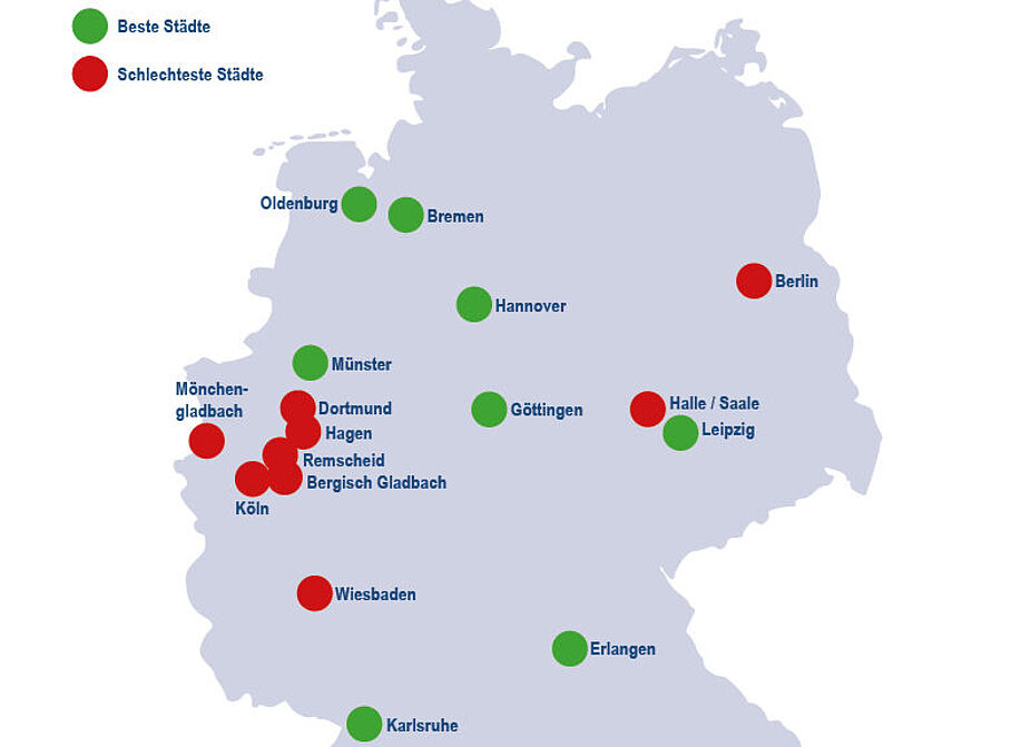 Übersicht Großstädte Fahrradklima-Test 2018 Deutschlandkarte die Bewertung Großstädte beim Fahrradklima-Test 2018 zeigt
